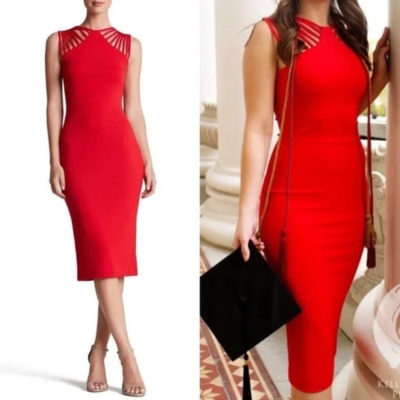 Dress The Population Gwen Red Strappy Cutout Stretch Bodycon Midi Dress Medium - Picture 1 of 11